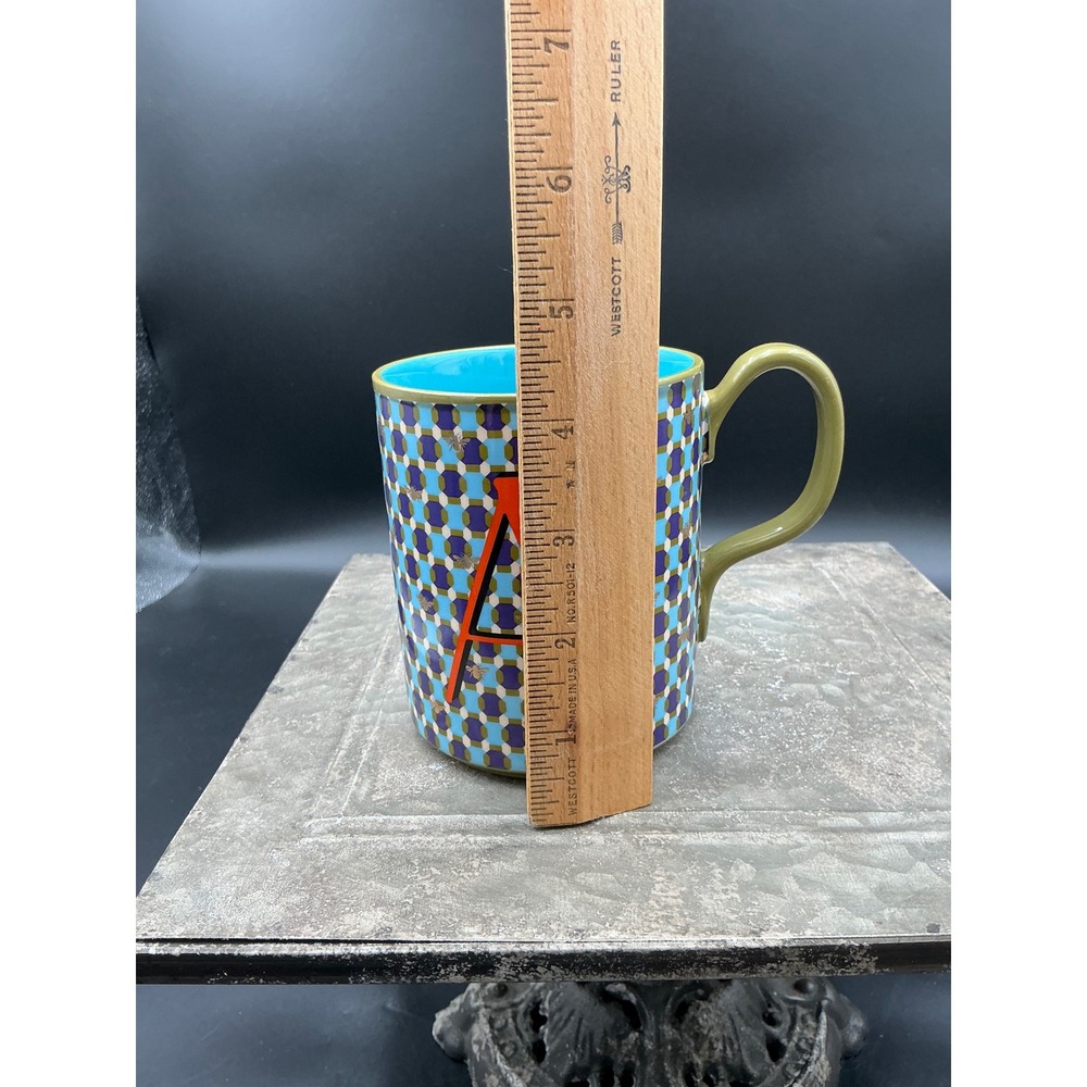 Anthropologie Monogram Letter A Bee Geometric Coffee Mug Blue Orange Turquoise - Picture 6 of 6